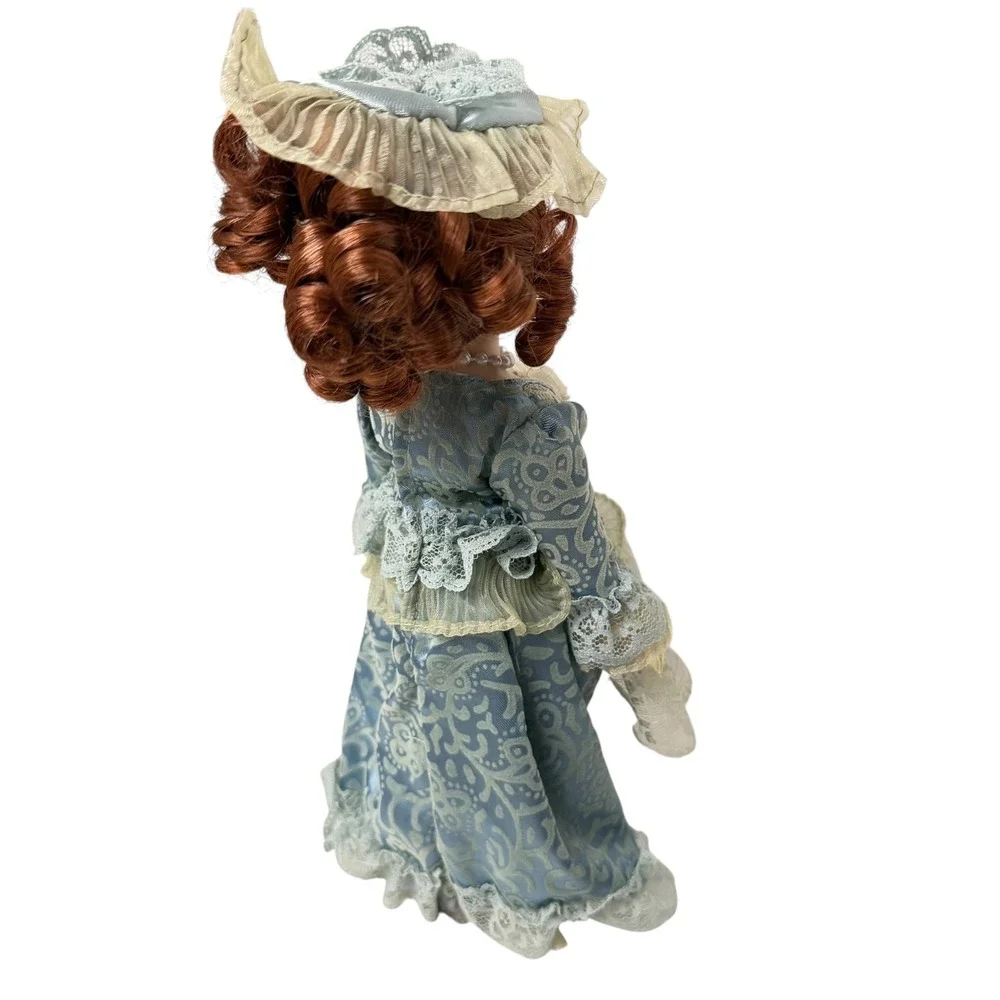 Victorian Porcelain Doll 12 Inch Blue Victorian Lace Gown Auburn Ringlets Hat